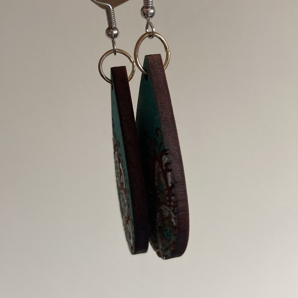 Wooden Teardrop Mandala Earrings - Picture 2 of 2